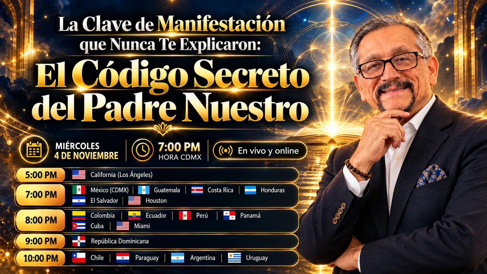 Portada de la clase gratis: La clave de manifestación que nunca te explicaron. El código secreto del Padre Nuestro. Miércoles 4 de noviembre, 7:00 p.m. hora de la Ciudad de México. En vivo y online.