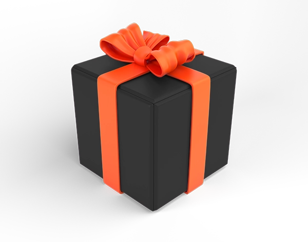 Caja de regalo negra con listón naranja.
